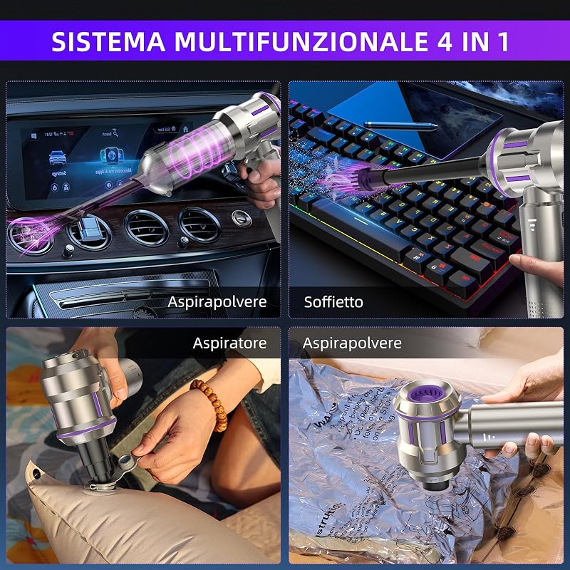 Aspirabriciole Senza Fili, 25000Pa Aspirapolvere Auto, Scarico Polvere Automatico a un Tocco & 4 in 1 Aspirazione con Motore Brushless, Aspirabriciole a 3 Velocità,Ideale per Peli di Animali,Auto,Casa — foto 4 di 7