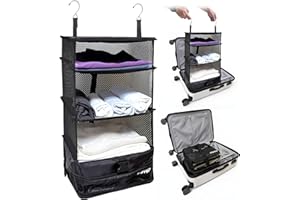 Grand Fusion Stow-N-Go Travel Luggage Organizer – Portable Hanging Travel Shelves, Carry-On Closet Organizer, Hanging Packing Cubes, Collapsible Carry-On Organizer for Cruises & Hotels. Black - L