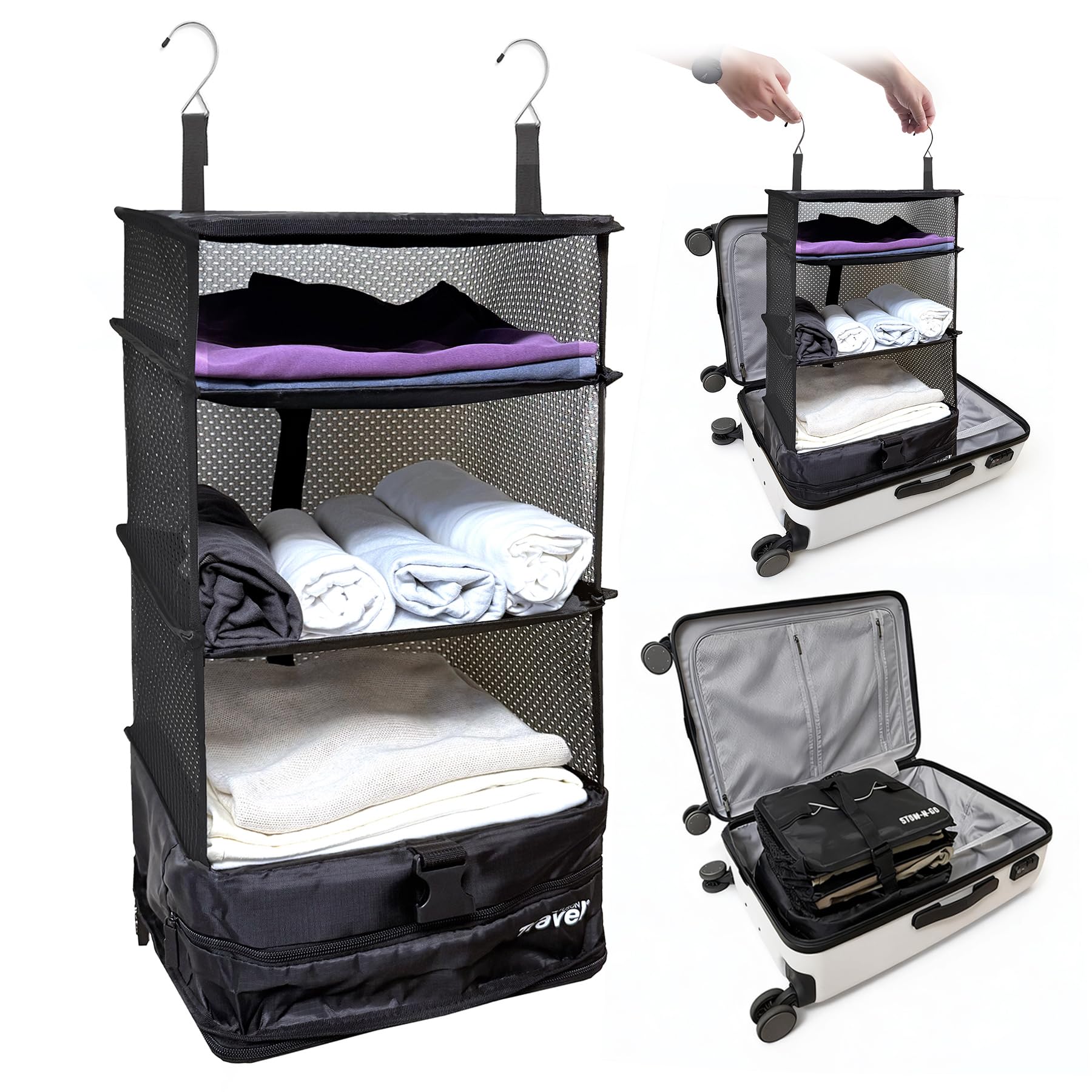 Grand Fusion Housewares Portable Luggage System Suitcase Organizer (Hanging Travel Shelves & Packing Cube Organizer) Small Black