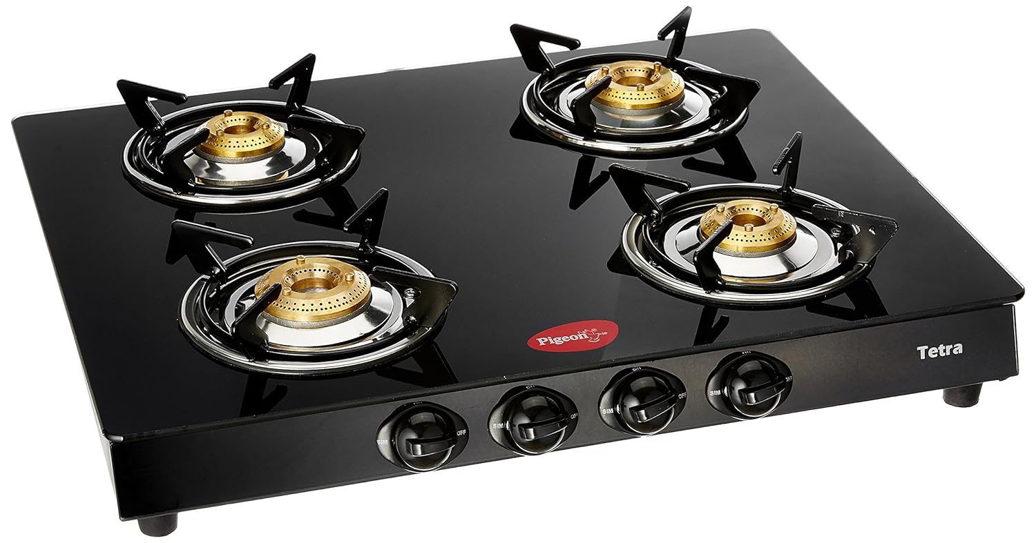 Buy Pigeon by Stovekraft Tetra Glass 4 Burner Gas Stove, Black Online