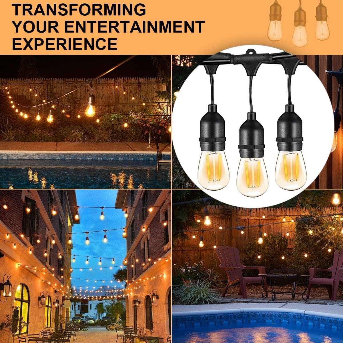 48FT Banord Outdoor String Lights, Commercial Grade Ambience LED Patio Lights with S14 2W Vintage Bulbs, Waterproof Hanging Lights String for Bistro Deck Backyard, E26 Socket - - 