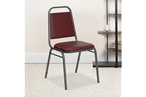 EMMA + OLIVER Trapezoidal Back Vinyl Stackable Banquet Chair, Multipurpose Stacking Chair with Padded Seat and Back, Burgundy/Silver
