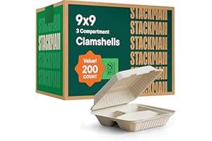STACK MAN [Bulk - 200-Count] 100% Compostable To Go Containers 9x9" 3-Compartment Clamshell Take Out Food Container with Hinged Lid - Disposable Togo Plates - Eco-Friendly Takeout Box Made of Sugar Cane Bagasse