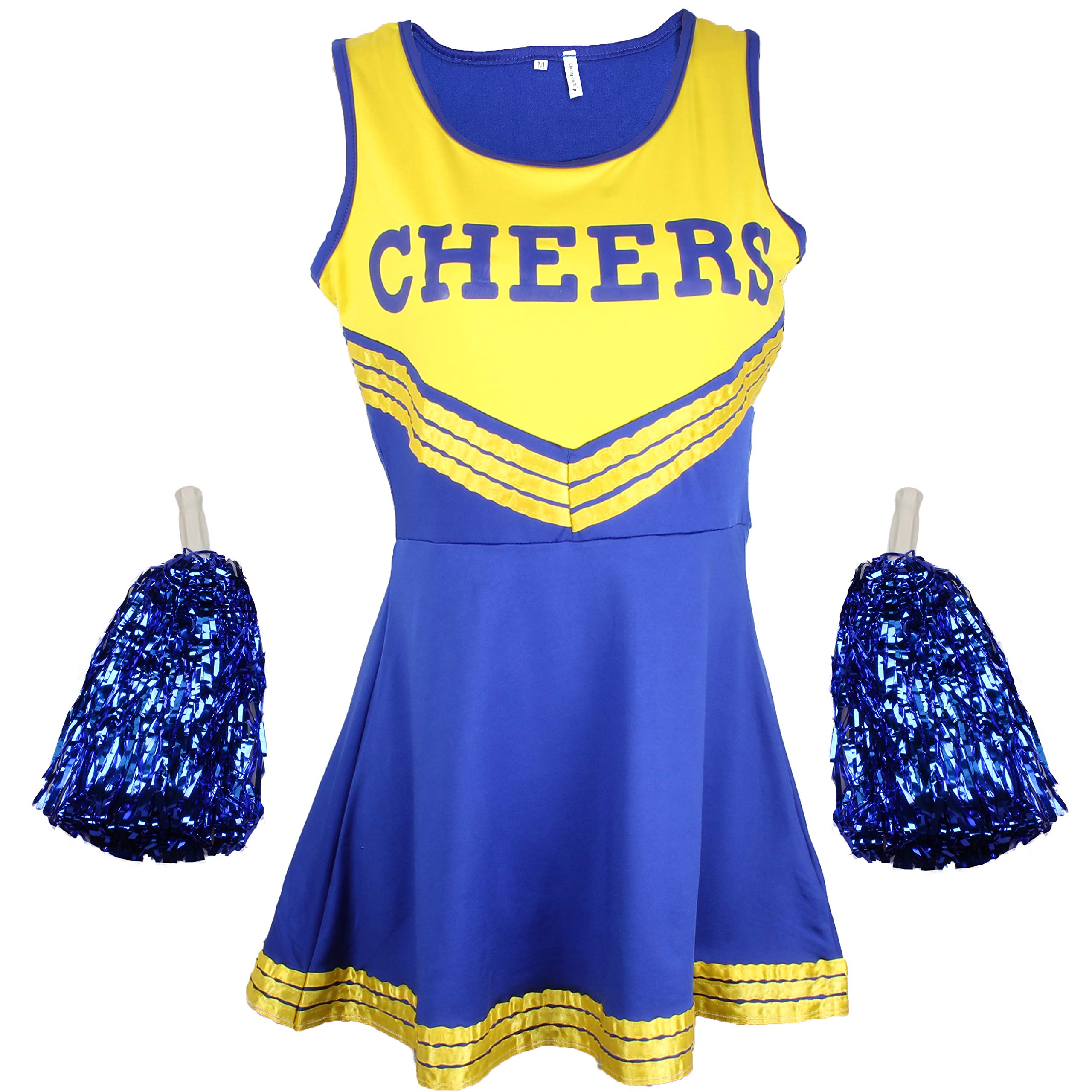Cherry-on-Top Cheerleader Fancy Dress Outfit Uniform High School Dress Costume With Pom Poms Blue And Yellow Cheerleader, Large