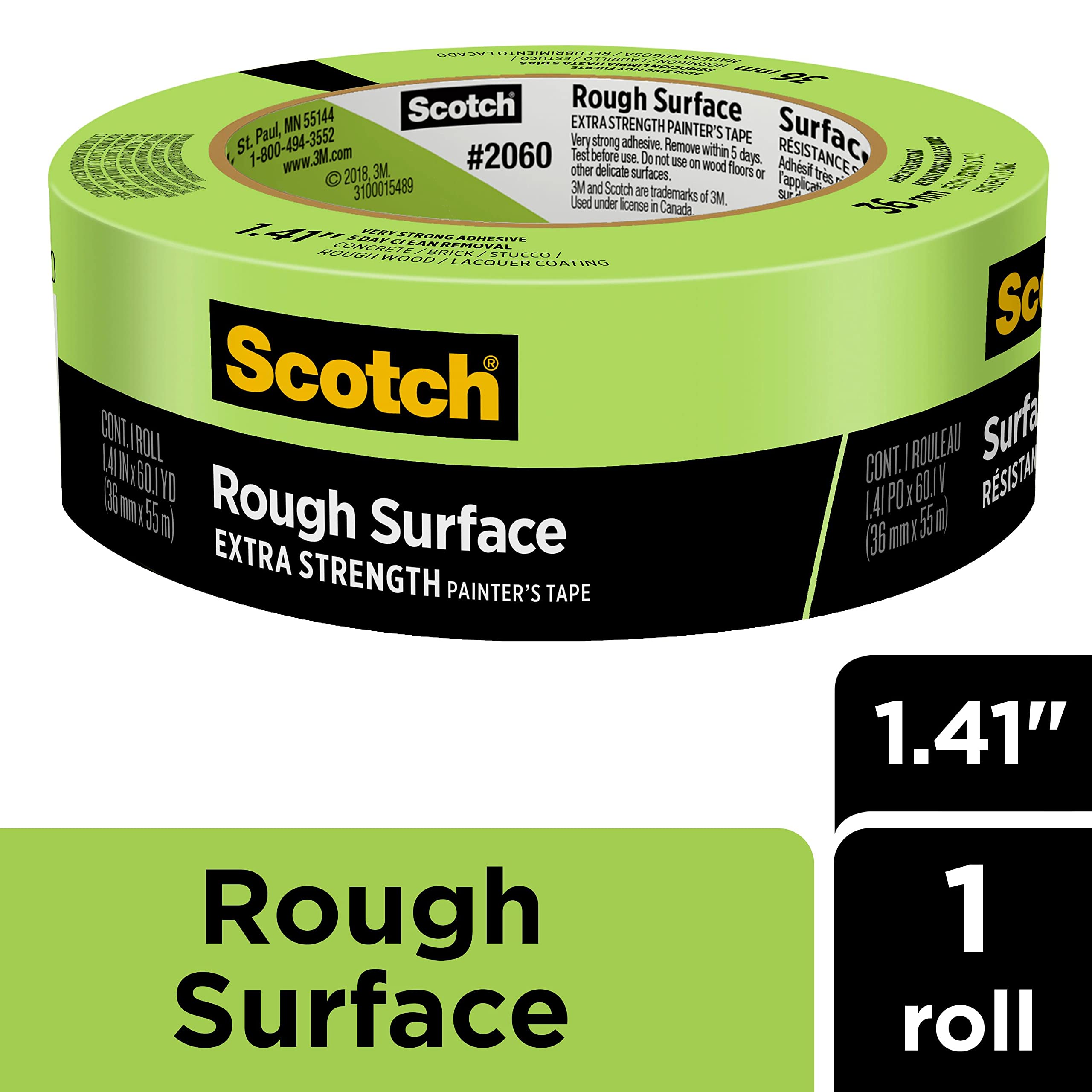 Scotch Rough Surface Extra Strength Painters Tape, 1.5 Inch Wide (1.41 in. X 60 Yds) 1 Roll, Green Tape Protects Surfaces and Removes Easily, Painting Tapes for Indoor and Outdoor Use (2060-36AP)
