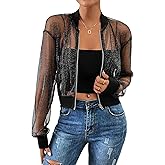 Milumia Women's Sparkly Sheer Mesh Long Sleeve Crop Jacket Light Weigh Zip Up Outwear