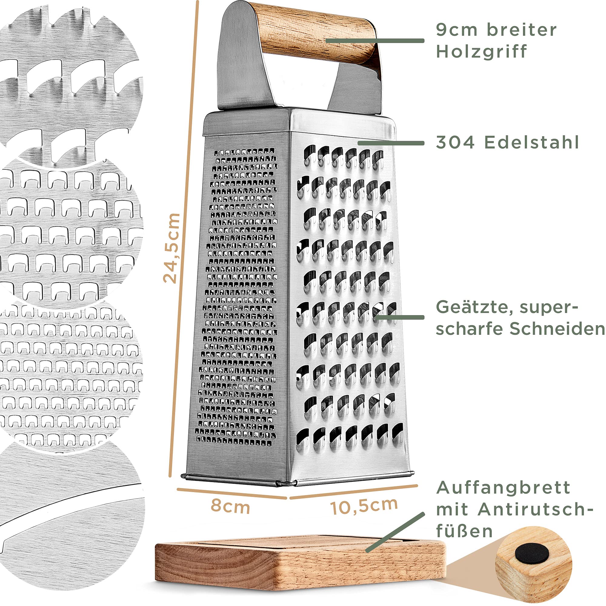 WALDWERK Design Reibe (24,5x10,5cm) - Gemüsehobel aus Edelstahl mit geätzten Schneiden - Käsereibe mit Auffangbrett aus Echtholz - Plastikfreie Küchenreibe 7