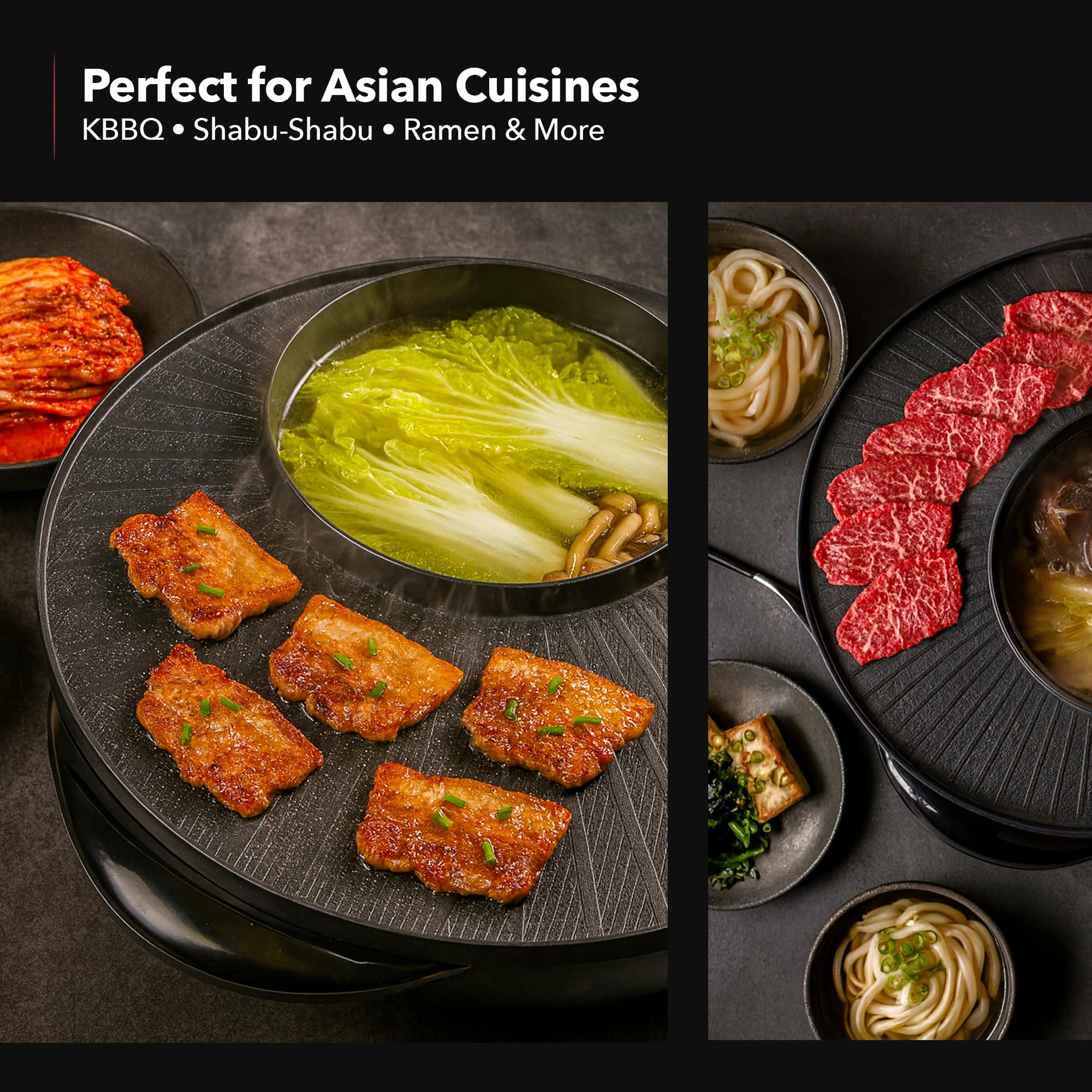 OVENTE Electric Hot Pot and Grill Combo, 2-in-1 Portable Countertop Cooker with Temperature Control Perfect for Korean BBQ, Shabu Shabu and Soup with Free Strainer, Chopsticks and Tong, Black GH10133B