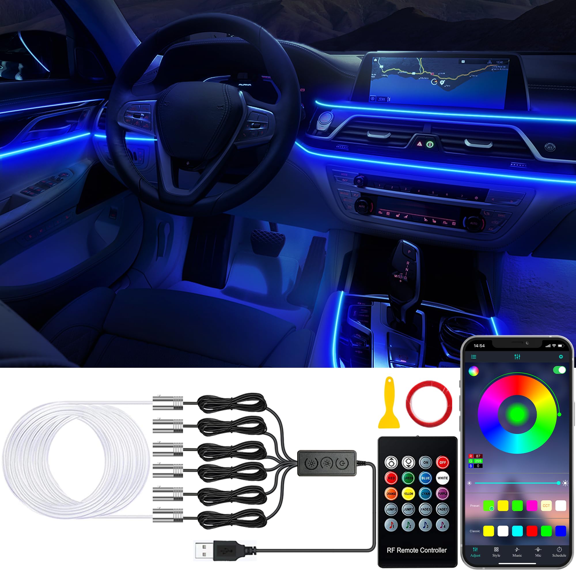Photo 1 of Jushope Car LED Lights, Interior Car Lights with Wireless APP/RF Remote/Button Control, Car Ambient Lighting Kit with 315" Integrated Molding Fiber Optic RGB Sync to Music (6 in 1-USB)