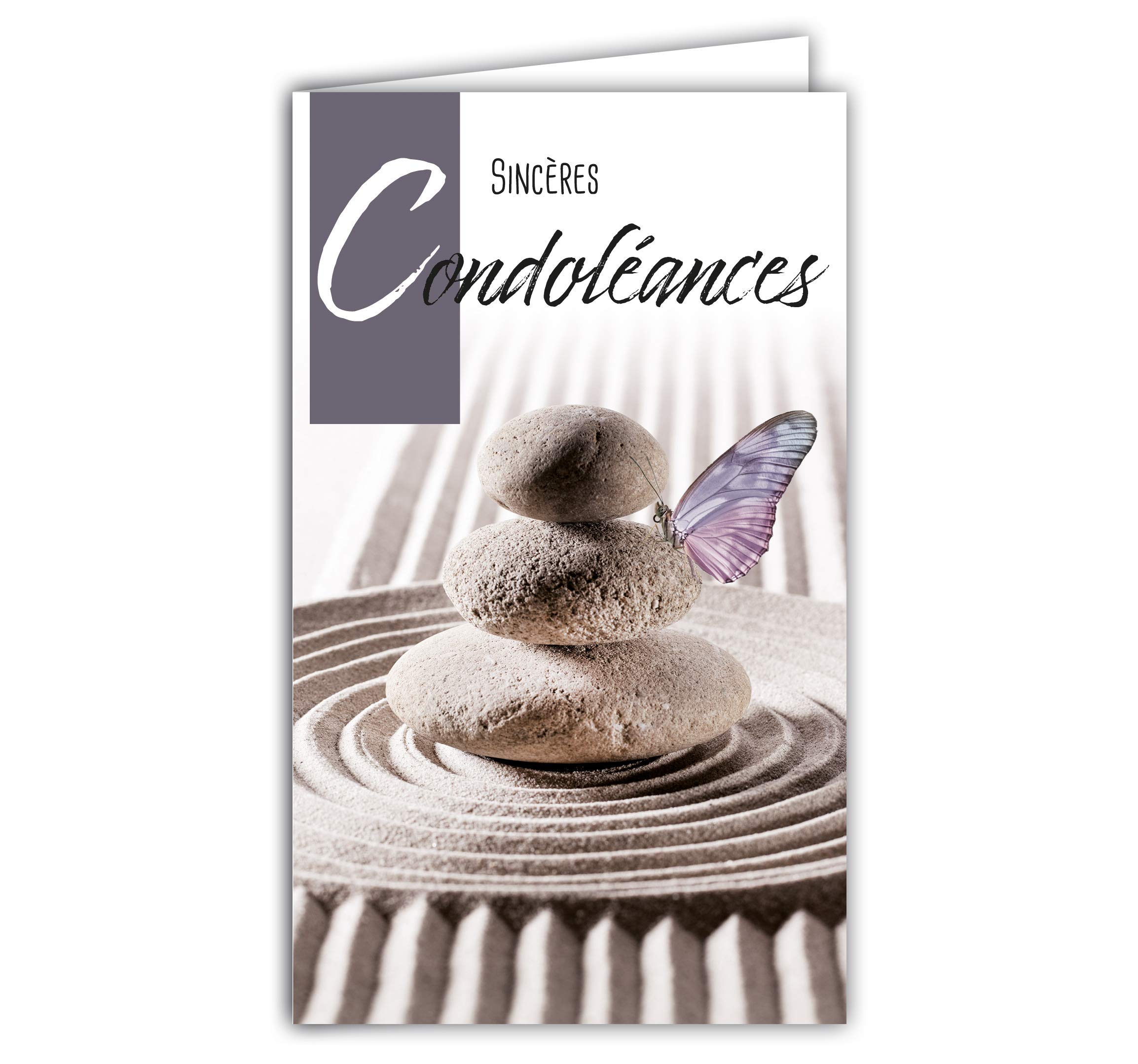 Afie 24-1028 Sincères Condolances Card Closed Format 95 x 160 mm with White Envelope – Cairn Montjoie Butterfly Stacked Stones Sand Garden Zen Rest Soul