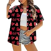 Valentine Shirts for Women Love Heart Tshirts Button Down Shirt Casual Short Sleeve Tops Valentine's Day Gift