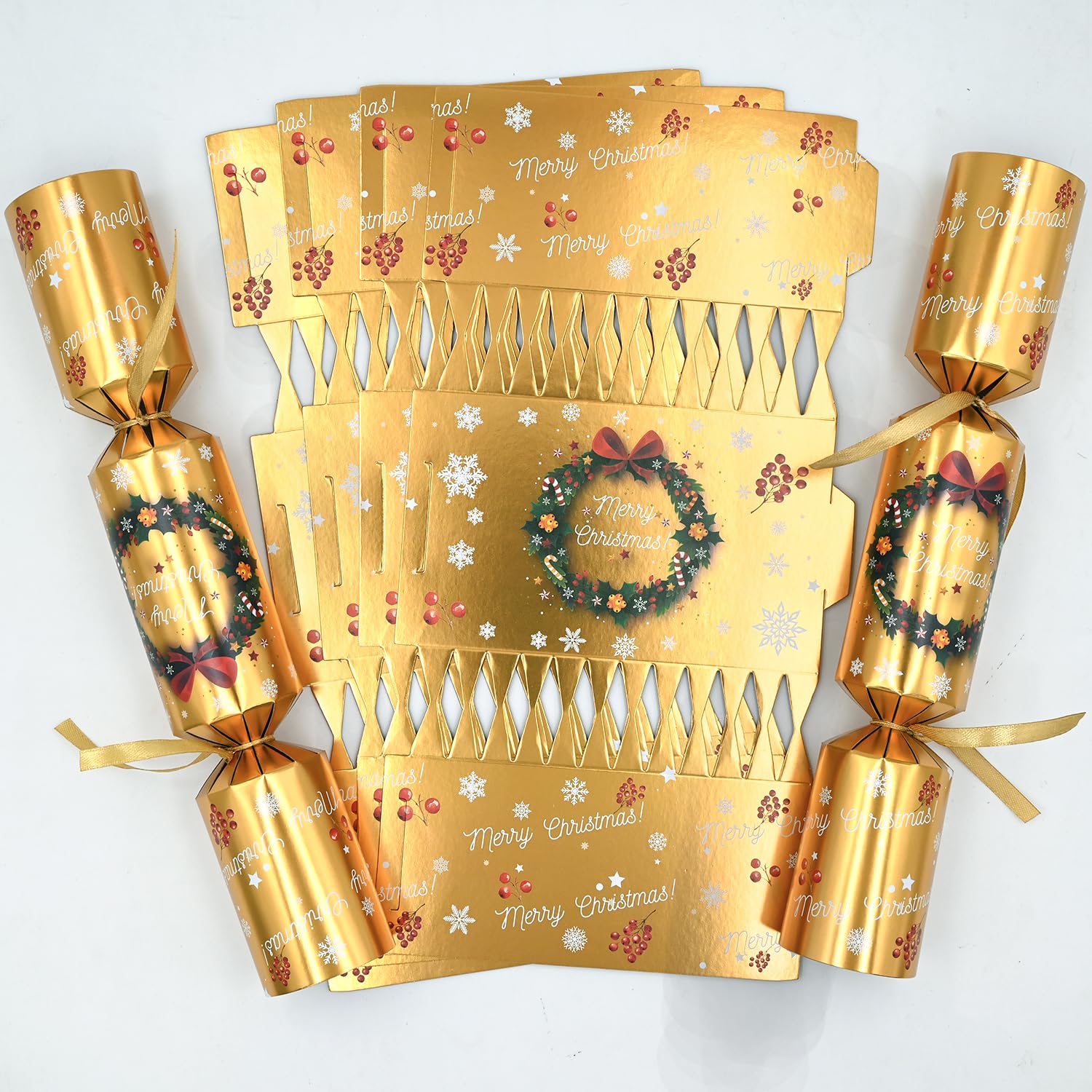 Gyoungt 10 Pack Luxury Gold Chritmas Crackers, 10 Hats 20 Strings 10 Jokes Silver Christmas Party Game Make Your Own Christmas Cracker DIY Cracker Festive Seasonal (Gold)