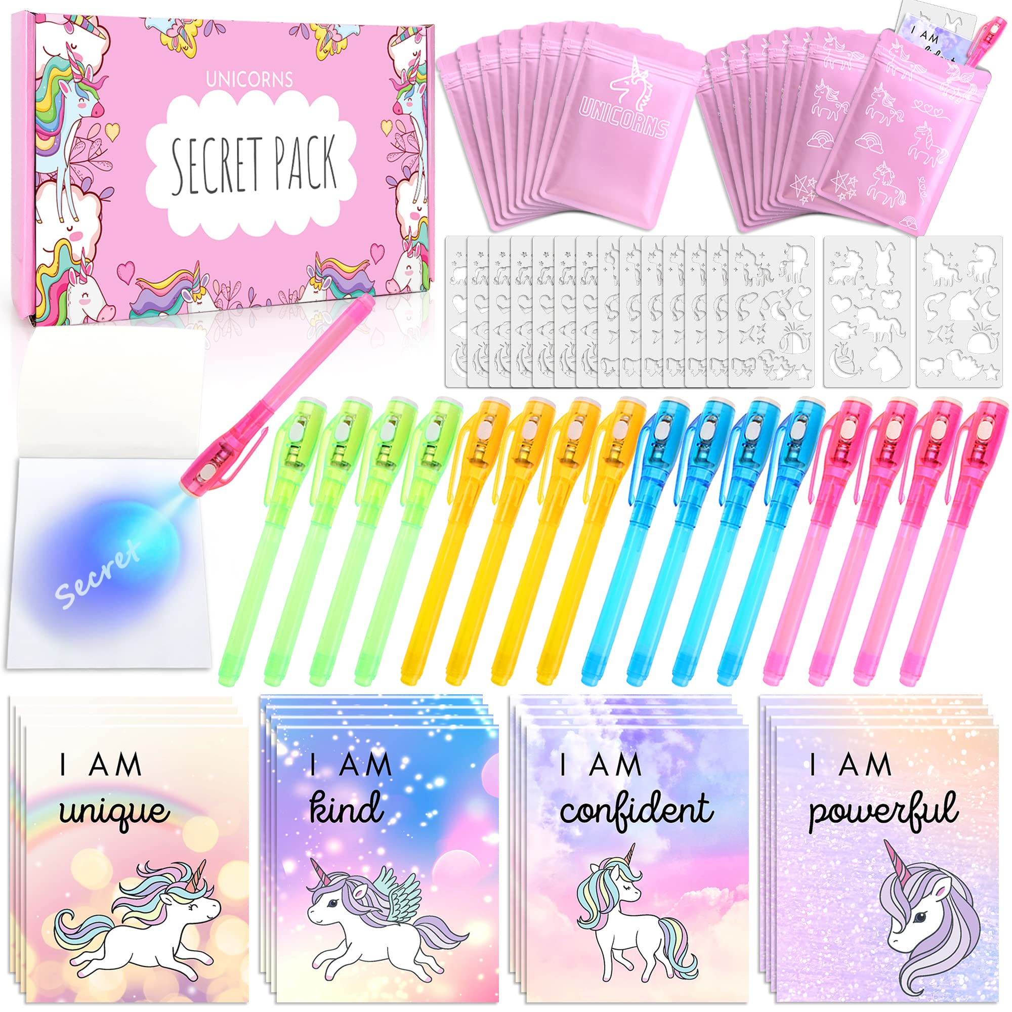 MarckersHome Invisible Ink Pen and Notebook, Pack of 16 Unicorn Stocking Fillers for Girls, UV Light Secret Pen Set Party Bags Filler & Pinata Toys, Kids Party Favours School Prizes Gift for Children