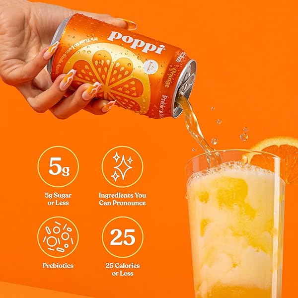 POPPI SPARKLING PREBIOTIC SODA BEVERAGE WITH APPLE CIDER VINEGAR, SELTZER WATER AND FRUIT JUICE, ORANGE FLAVOR, 12 FL OZ, 1 COUNT, PACKAGING MAY VARY