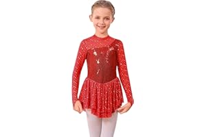 ODASDO Figure Skating Dress for Girls Mesh Long Sleeve Sparkly Sequin Skirted Leotard Ballet Outfit Dancewear