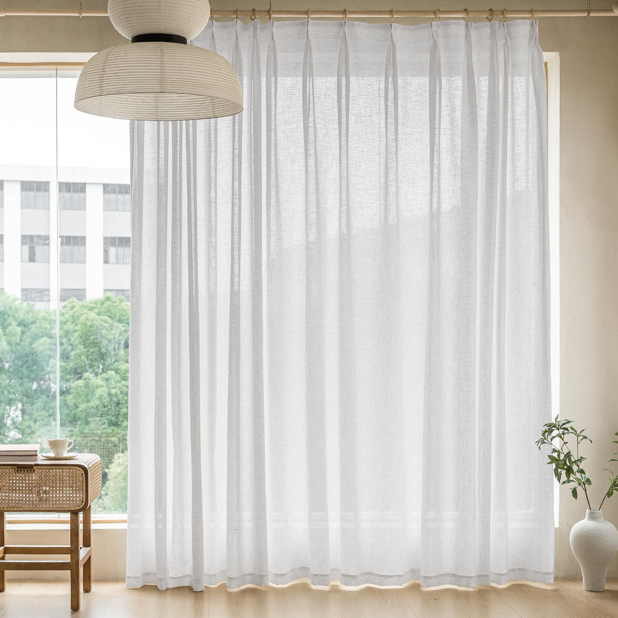 Photo 1 of MAIHER White Pinch Pleat Curtains 100 Inches Extra Wide 1 Panel Semi Sheer Pinch Pleat Curtains 108 Inches Long with Hooks for Living Room Sliding Doors Light Filtering