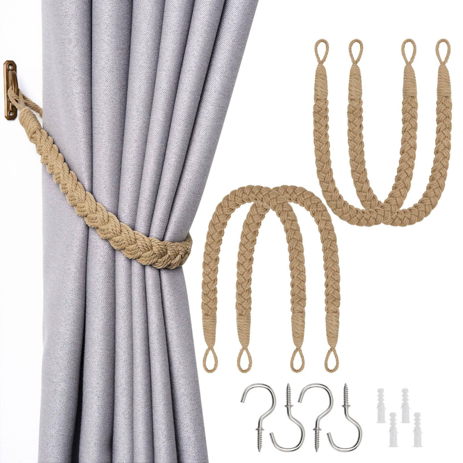 Pretty Jolly 4 Pack Natural Cotton Rope Curtain Tiebacks Elegant Boho Style Decorative Drape Tie Backs Soft Hand-Woven Rope Curtain Holdbacks with Metal Hook for Home & Office Drapery (Khaki) — image 1