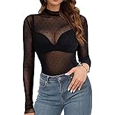 Buauty Women's Lace Long Sleeve Tops, Mock Neck Sheer Mesh Top, See Through Floral Lace Tops, Party Club Night Blouse Shirts Black Dots