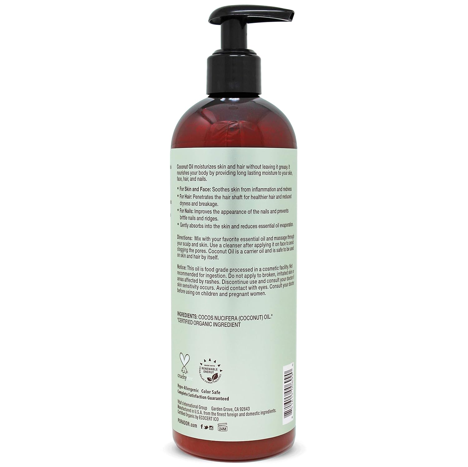 PURA D’OR Organic Fractionated Coconut Oil (16oz / 473ml) USDA Certified 100% Pure & Natural MCT Oil Sustainably Sourced Hexane Free Moisturizing Carrier Oil For Face, Skin & Hair (Packaging may vary): Beauty