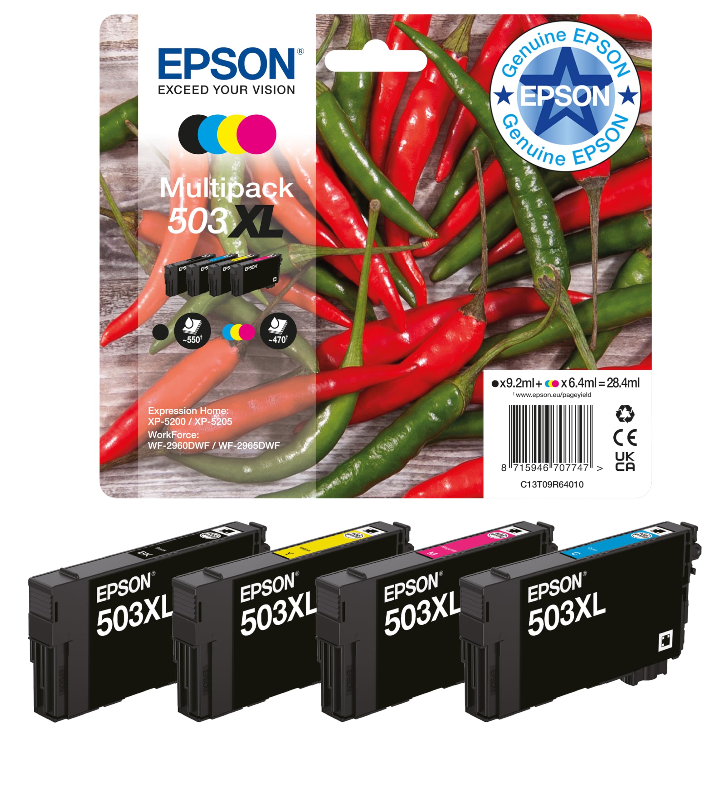 Epson 503XL Chillies, Genuine Multipack, 4-colours Ink Cartridges - C13T09R64010