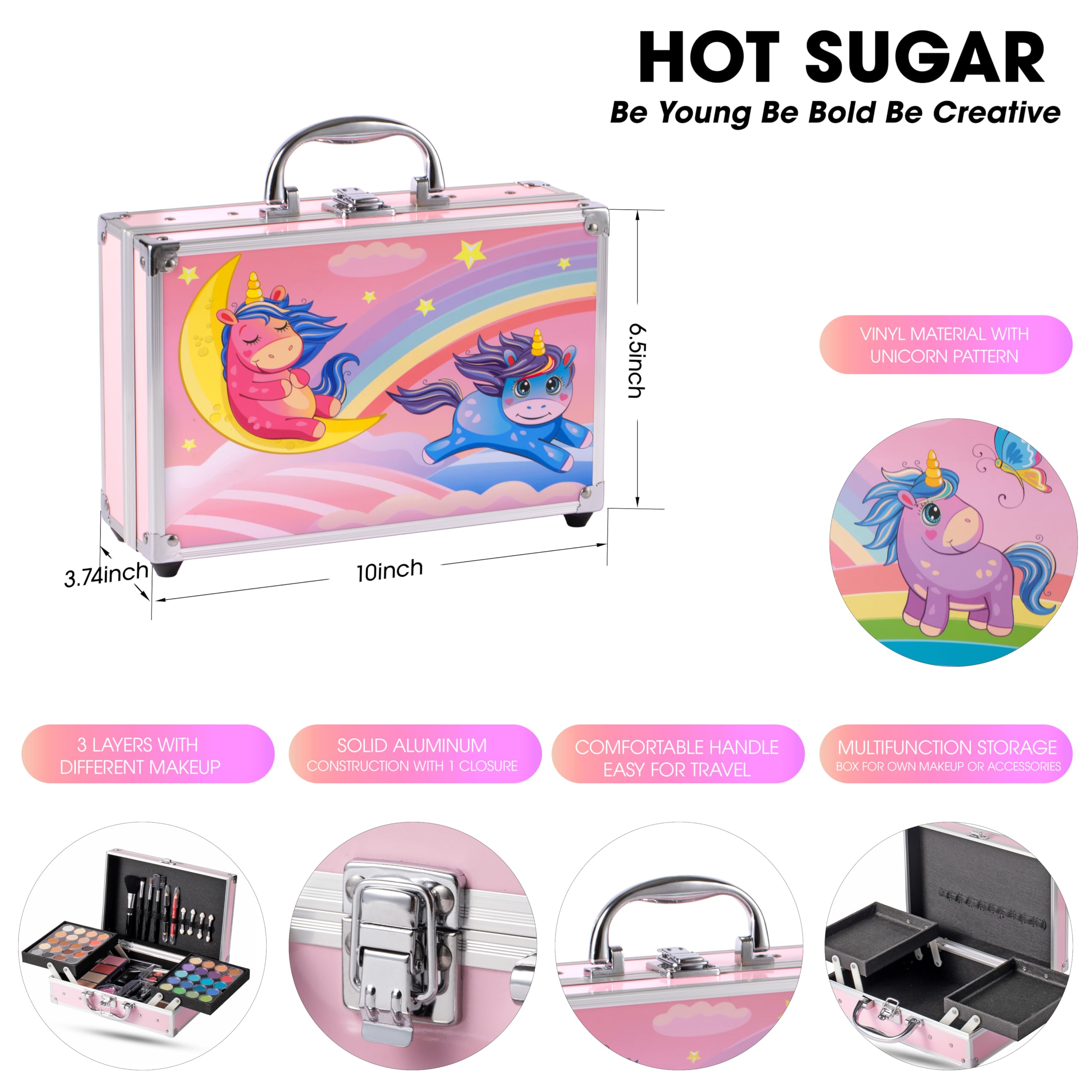 Hot Sugar Makeup Kit for Little Girls 4-6, Girls Makeup Set Ages 8-12, With Unicorn Aluminum Cosmetic Box
