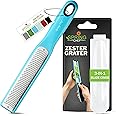 Spring Chef Premium Lemon Zester Grater with Handle - Fruits, Garlic, Chocolate, Nutmeg, Ginger Grater - Heavy Duty Kitchen Tool - Stainless Steel Citrus Zester with Blade Cover - Fine Shred, Aqua Sky