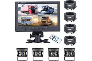 Rimoody RV Backup Camera 9'' Monitor, Rear View Cameras 4 Split Screen Monitor with 2 x Front View Cameras 2 x Reversing Came