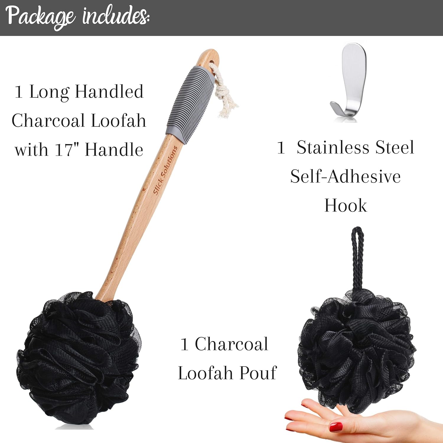 Slick- Loofah with Handle, Loofah Back Scrubber, Back Loofah, Loofah Brush with Long Handle, Loofah on A Stick, Shower Loofah with Handle, Shower Supplies, Loofah Scrubber, Loofah Back Scrubber: Beauty