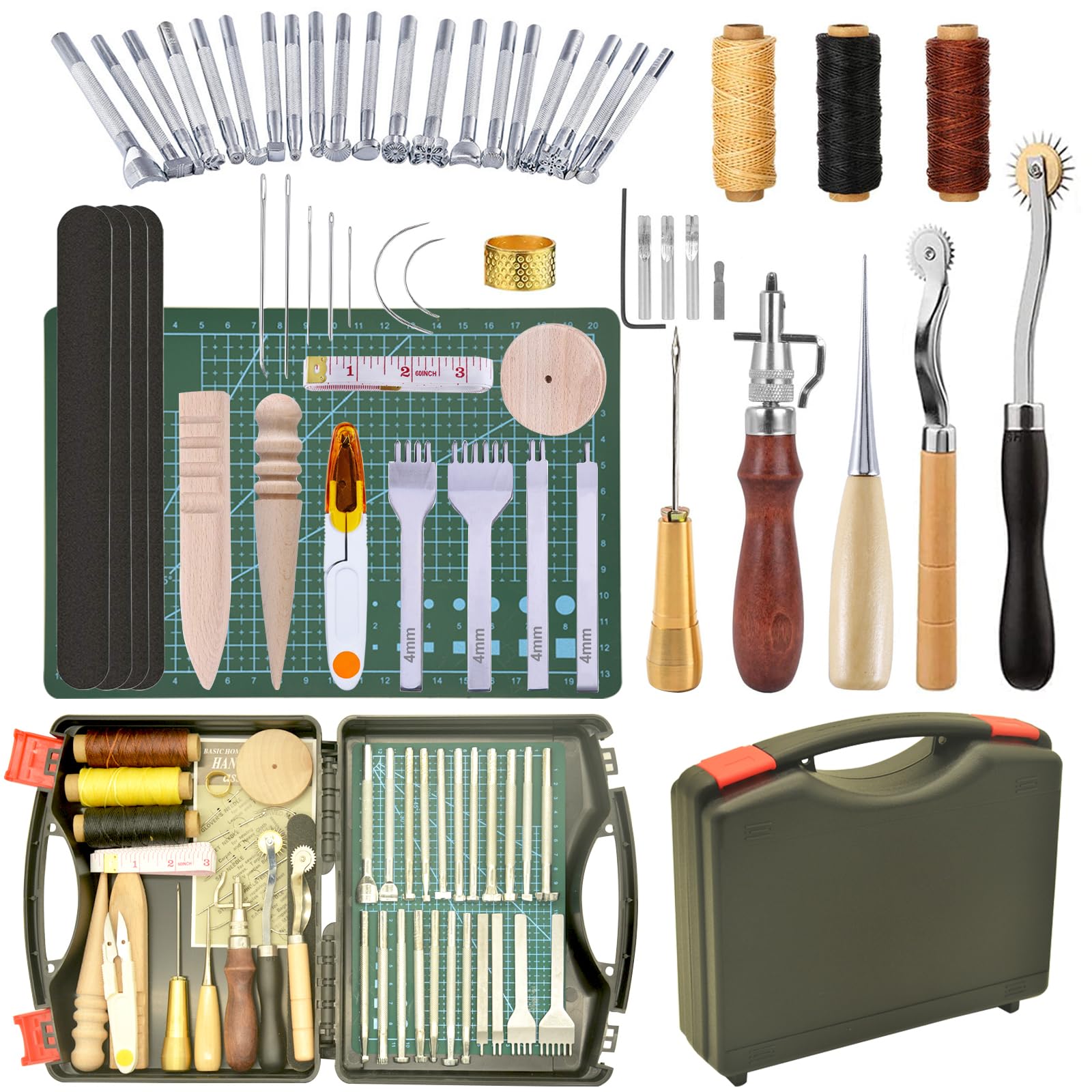 59-Piece Leather Working Kit with Tool Box, Starter Kit Including Waxed Thread Groover, Awl, Stitching Punch, Stamping Tools for Leather Craft