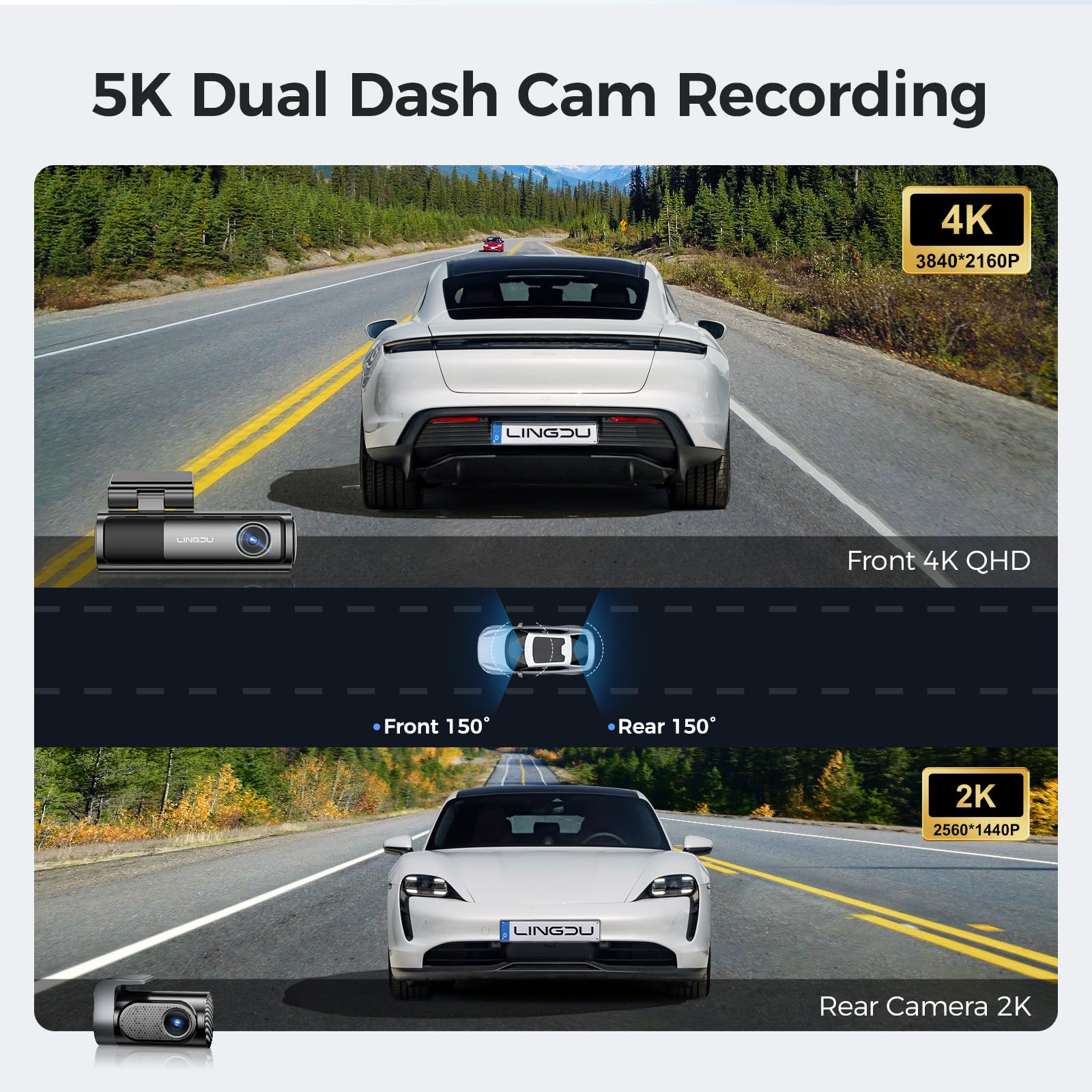 LD06 5G WiFi Dash Cam Front and Rear, 5K Dash Camera for Cars with 64GB SD Card, Night Vision Voice Control, G-Sensor Built-in GPS, 24H Parking Mode Loop Recording, Max Up Support 256GB