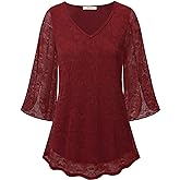 Bebonnie Womens Ruffle 3/4 Sleeve V Neck Double Layers Mesh Blouses Loose Fit Flowy Tunic Tops