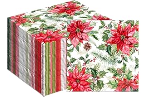 100Pcs Christmas Poinsettia Paper Napkins 13x13 Disposable Guest Towels Red Poinsettia Holly Leaves Red Berries Pine Cones Mi