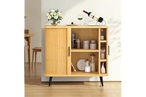 SogesHome Sideboard Buffet Cabinet with Sliding Doors,Modern Wood Storage Cabinet with Shelves,31.5in Fluted Accent Coffee Ba