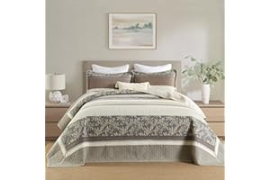 DDUOXIN Oversized King Bedspread 128" W x120 L - 100% Cotton California King Quilt with 2 Pillow Shams, Farmhouse Stripe Bedspread Reversible Lightweight Coverlet Set, Beige/Brown/Gray, 3 Piece