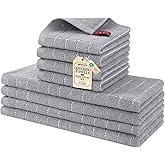 Homaxy Kitchen Towels and Dishcloths Set, 12 x 12 and 13 x 28 Inches, Set of 8 Bulk Cotton Terry Kitchen Towels Set, Checkered Designed, Soft and Super Absorbent Dish Towels, Light Grey
