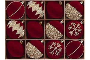 SHareconn 12ct Velvet Glitter Christmas Tree Balls Ornaments,3.15" Flocked Ornaments,Shatterproof Plastic Decorative Baubles Decorations for Xmas Tree Decor Holiday Party Decoration (Red & Gold, 80mm)