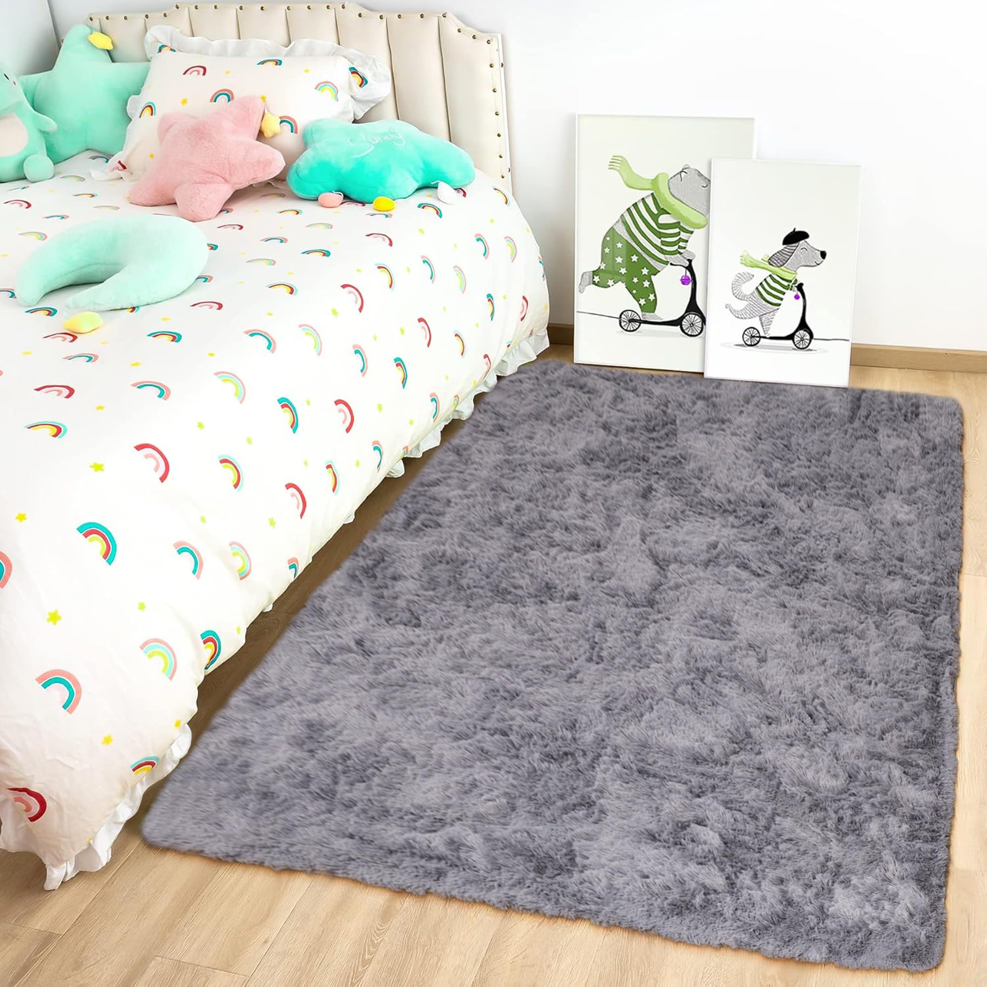 Oxford Homeware Rugs Living Room 60x110 cm – Grey Area Rugs for Bedroom Small – Fluffy Shaggy Super Soft Non Slip Rug Washable Modern Floor Carpets Bedside Rug for Kids Room