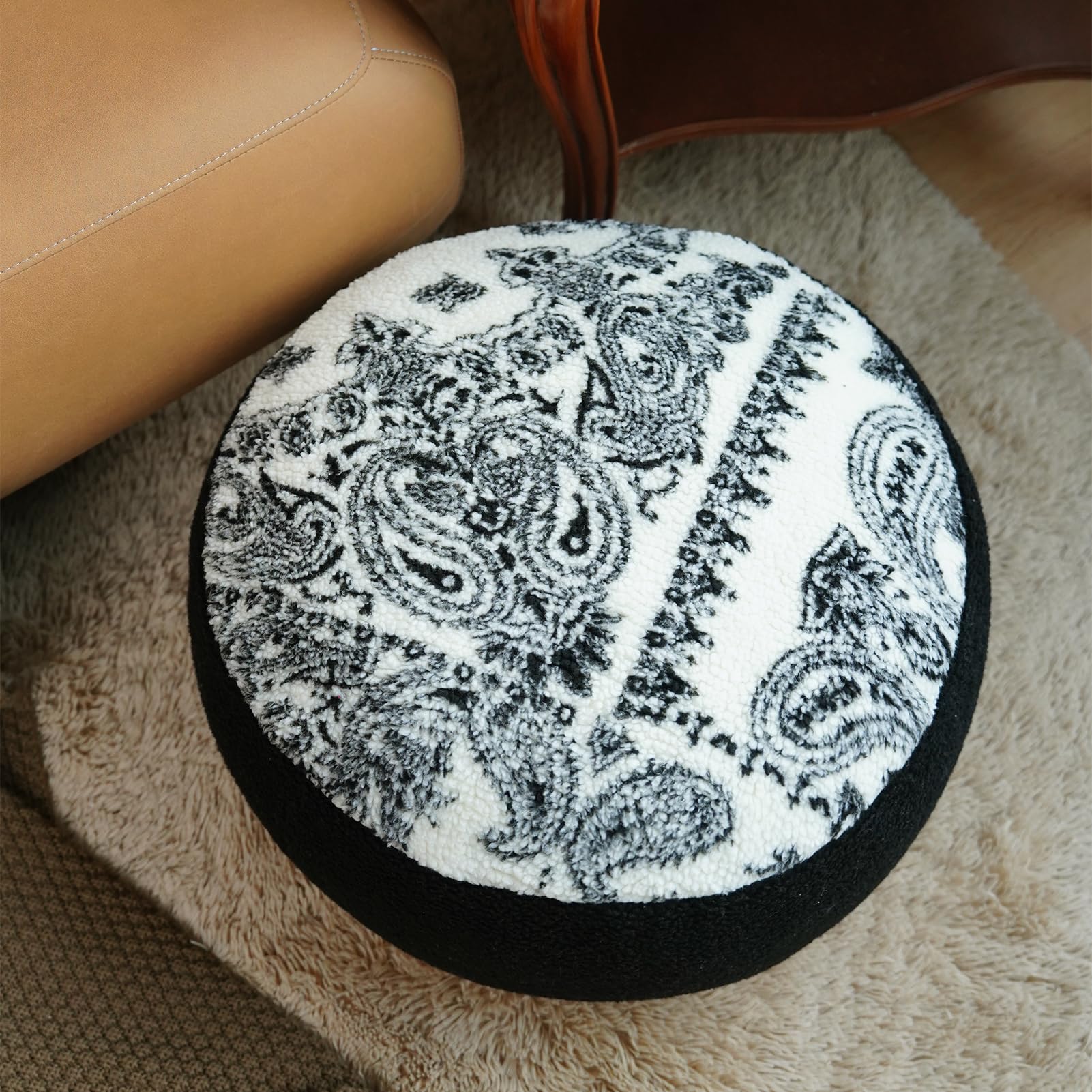 Photo 1 of Artbloss Unstuffed Pouf Cover Ottoman Footrest Soft Touch Foot Stool Floor Bean Bag Floor Chair Storage for Living Room Bedroom Home Decor (Black and White, Round)