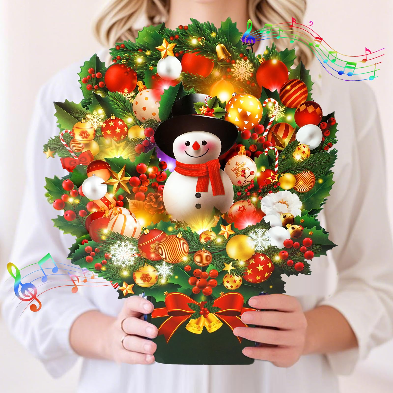 APOTODITO Christmas Cards with Lights and Music, Christmas Bouquet with Snowman, Popup Musical Greeting Card for Holiday New Year