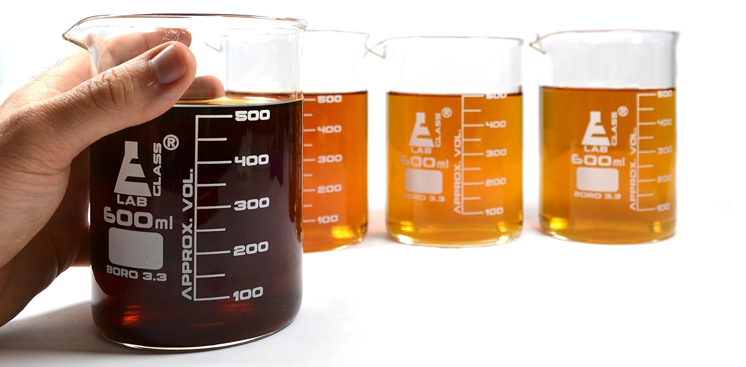 Hand Crafted Beaker Kitchen Glasses 20oz (600mL) Pack of 4, Laboratory Quality Borosilicate