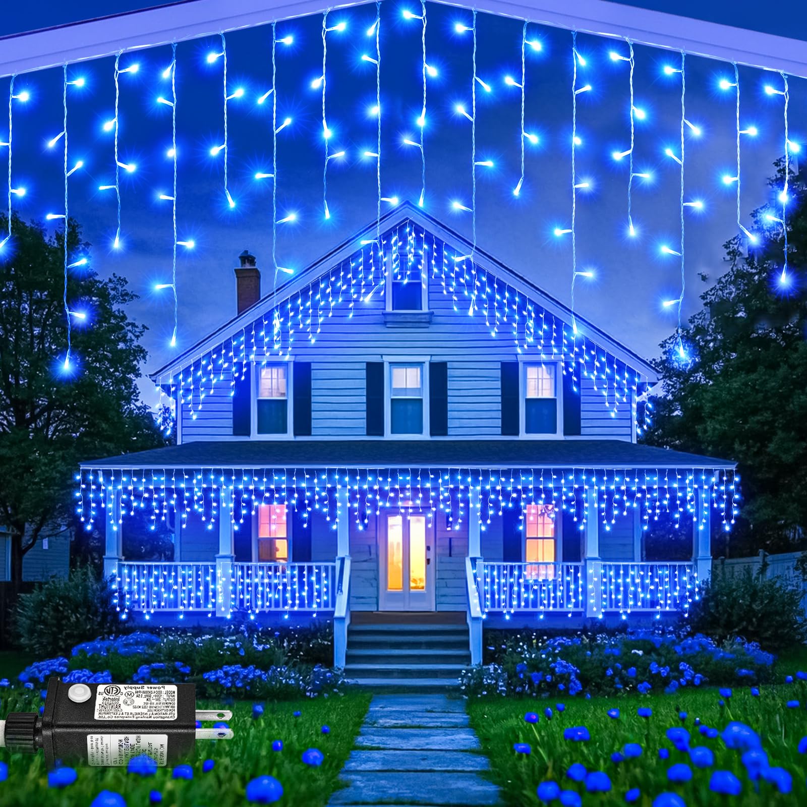 99ft Blue Christmas Lights Outdoor, 1216 LED Icicle Lights for Outside House with Clear Wire 8 Modes Timer, Plug in Waterproof for Home Holiday Eaves Yard Party Tree Room Wall Indoor Decoration Image 99ft Blue Christmas Lights Outdoor, 1216 LED Icicle Lights for Outside House with Clear Wire 8 Modes Timer, Plug in Waterproof for Home Holiday Eaves Yard Party Tree Room Wall Indoor Decoration Image