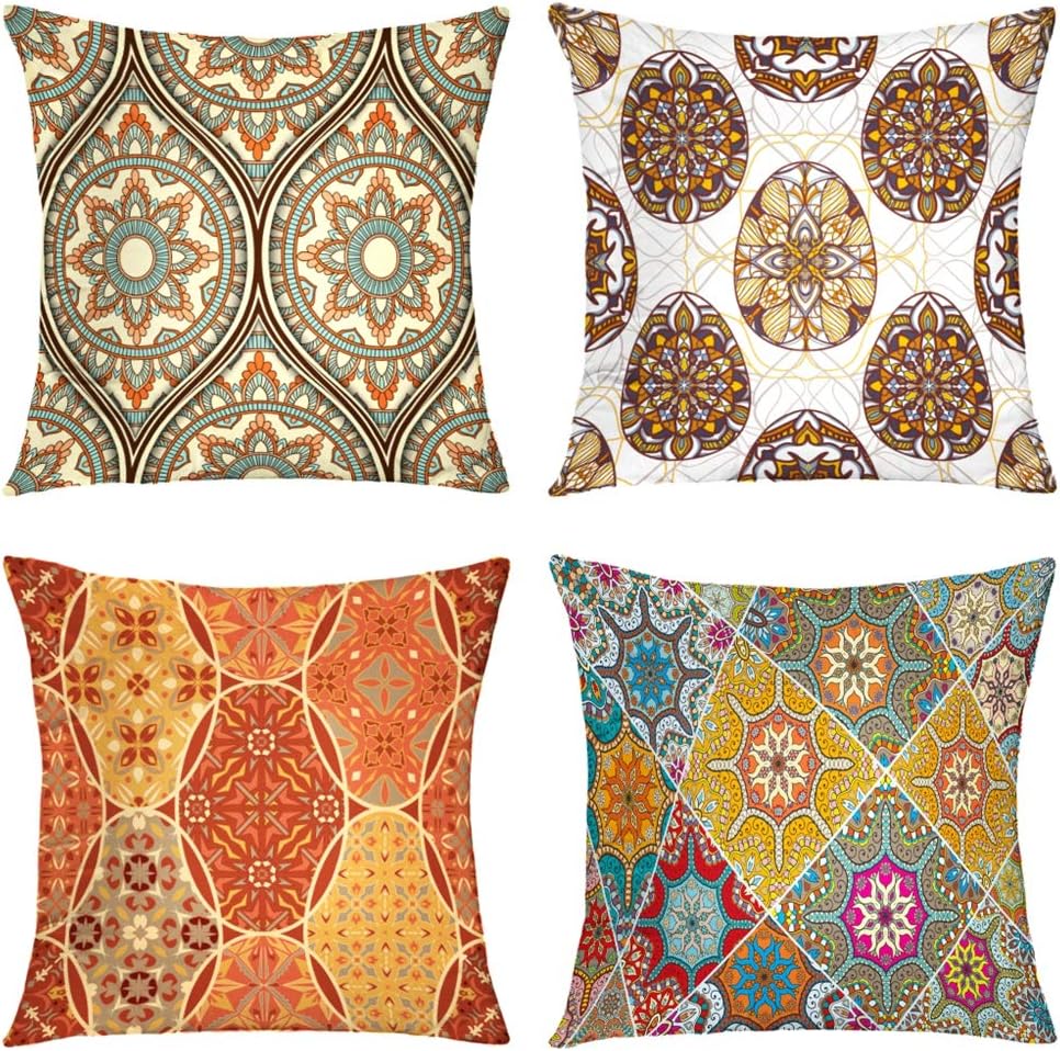 SuesosoMandala Floral Pillowcase 18" X 18" Set of 4 Indian Arabic Asian Batik Pillow Cover Modern Farmhouse Asian Style Sofa Pillow Sham Living Room Sofa Sofa Bed Chair Terrace Cushion Cover