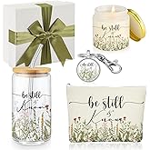 Singhoow 5 Pcs Christian Gifts for Church Women Grandparents Day Be Still & Know Religious Christian Glass Cup Bible Verse Keychain Prayer Candle Makeup Bag for Pastor Sunday School Teacher(Flowers)
