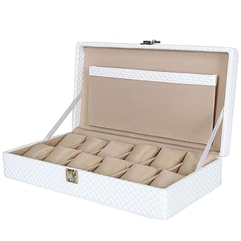 Fico Hardcraft PU Leather Watch Box Case White Mat for 12 Watch Slots (White)