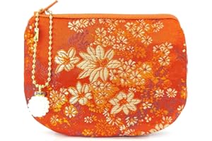 GOLDEN AMY Handmade Jewelry Pouch Women Coin Purse Brocade Zipper Wallet Silk Makeup Bag - ORANGE