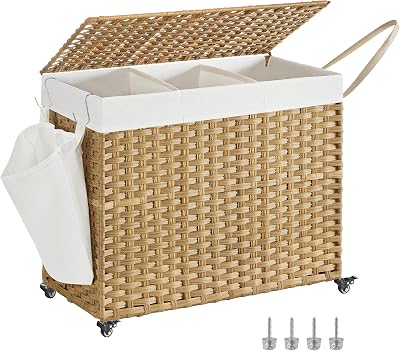 SONGMICS 160 L Laundry Basket with Lid 3-Compartment Rattan Natural LCB365N01