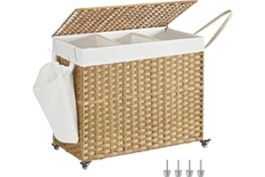 SONGMICS Laundry Hamper with Lid, 42.3 Gallons (160 L), Rolling Laundry Basket with Wheels, 3-Section Synthetic Rattan, Removable Liner, Bedroom, 29.9 x 13 x 26 Inches, Natural ULCB365N01