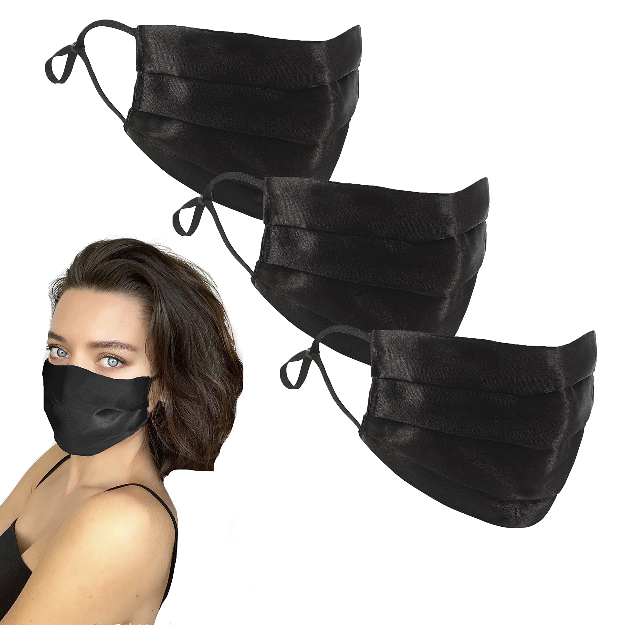 GOLDEN HOUR Silk Satin Face Mask | Sensitive Skin Face Mask | Hypoallergenic Face Mask | Adjustable Face Mask | Silk Face Mask Washable UK (Set of 3, Navy)
