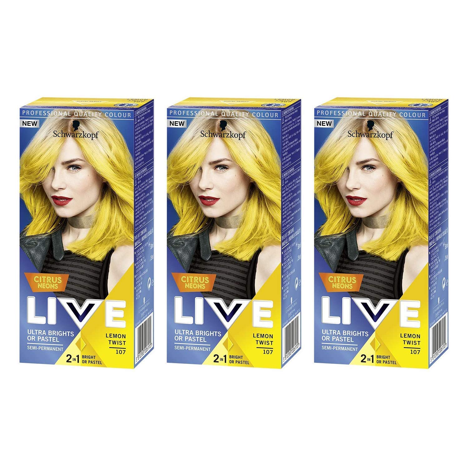 Schwarzkopf LIVE Ultra Brights or Pastel Citrus Neons Lemon Twist 107 Semi-Permanent Hair Dye, Pack of 3