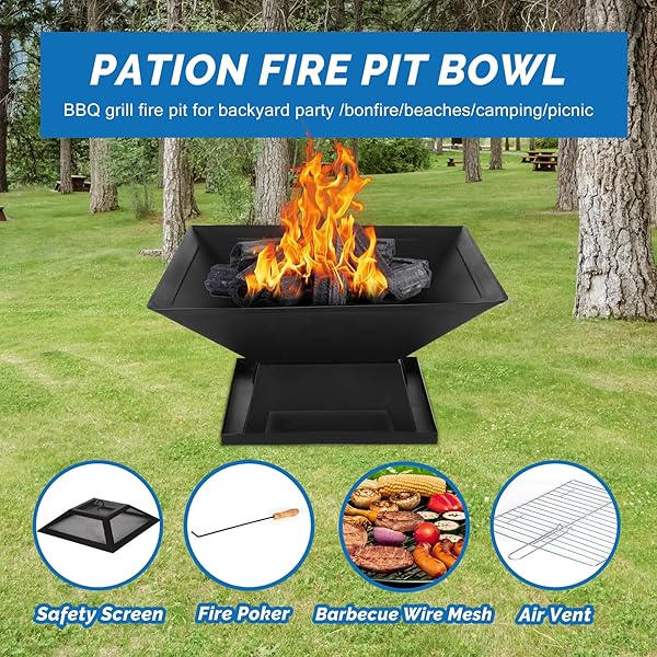 KINGBURN OUTDOOR FIRE PITS FOR OUTSIDE WOOD BURNING TABLE FIRE PIT WITH SPARK SCREEN COVER, FIRE BOWLS BACKYARD FIRE PIT WITH FIRE POKER FOR CAMPING BEACH (BLACK, 18.5 INCH)